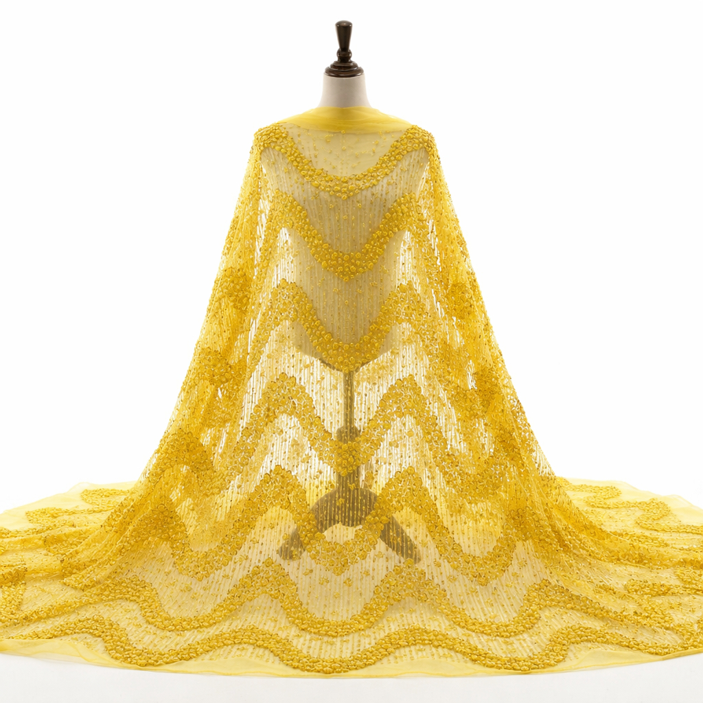 Quality Sheer Beaded Lace Fabric with Scalloped Pattern